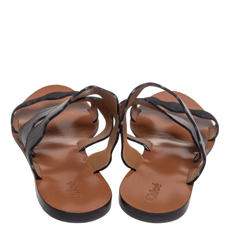 Pre Owned Chloe Black Leather and Suede Scalloped Slide Flats Size 39