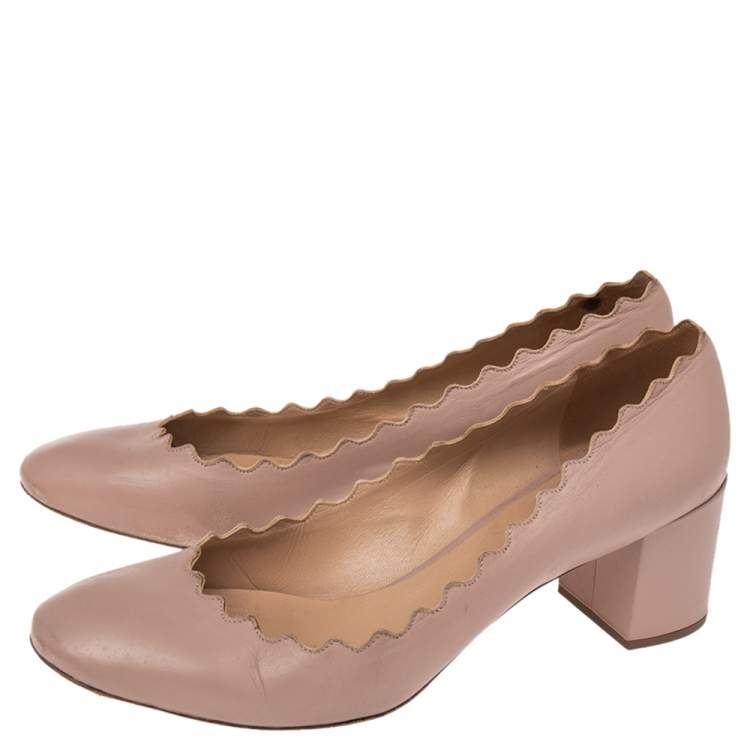 Pre Owned  Chloe  Beige Leather Lauren Scallop Trim Block Heel Pumps Size 40.5