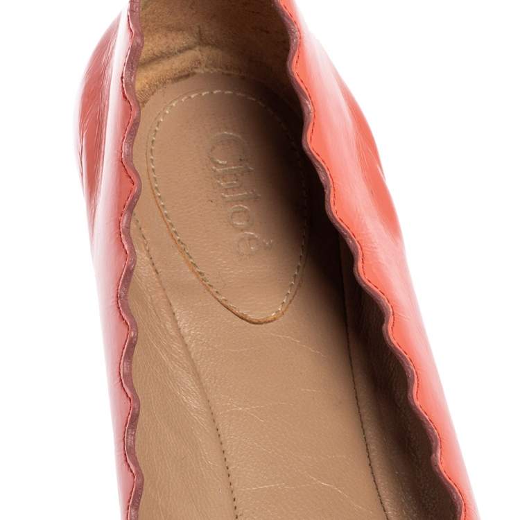 Pre Owned Chloe Coral Pink Patent Leather Lauren Scalloped Ballet Flats Size 38