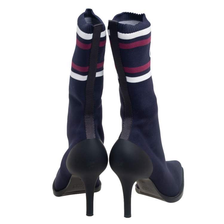 Pre Owned Chloe Blue Knit Fabric Logo Sock Boots Size 38