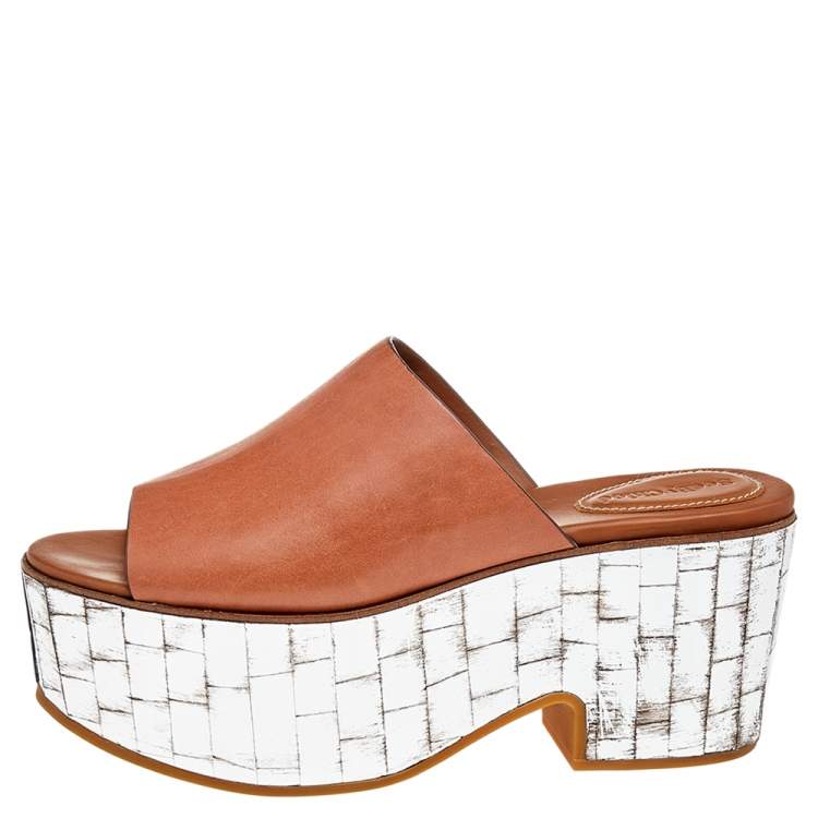 Pre Owned See by Chloe Brown Leather Platform Slide Sandals Size 41