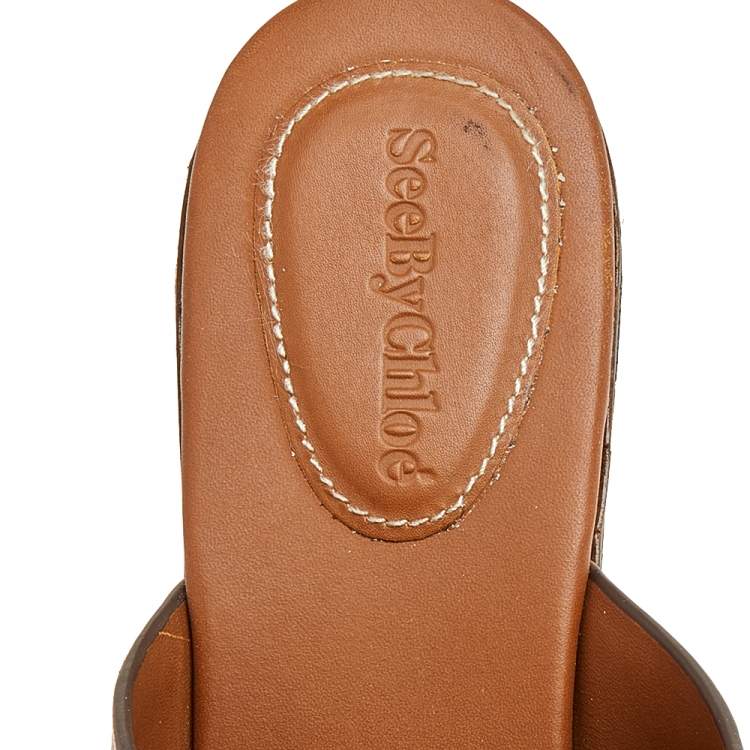 Pre Owned See by Chloe Brown Leather Platform Slide Sandals Size 41