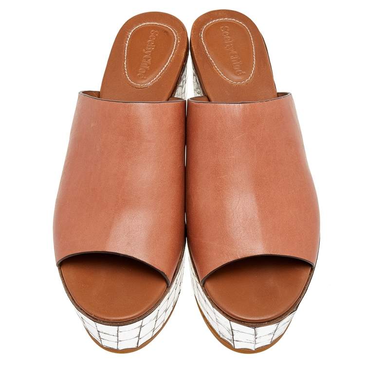 Pre Owned See by Chloe Brown Leather Platform Slide Sandals Size 41