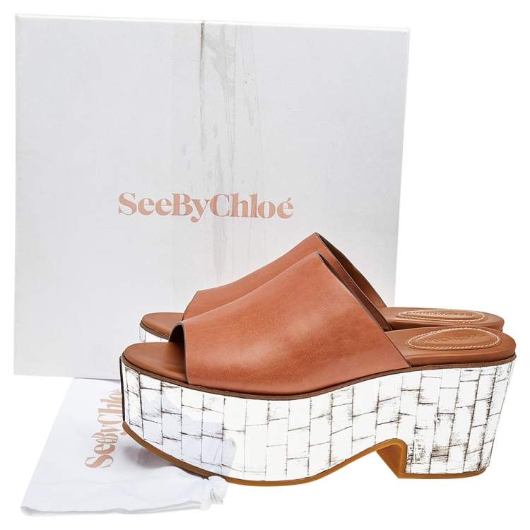 Pre Owned See by Chloe Brown Leather Platform Slide Sandals Size 41