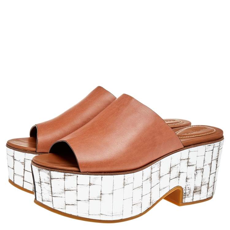 Pre Owned See by Chloe Brown Leather Platform Slide Sandals Size 41