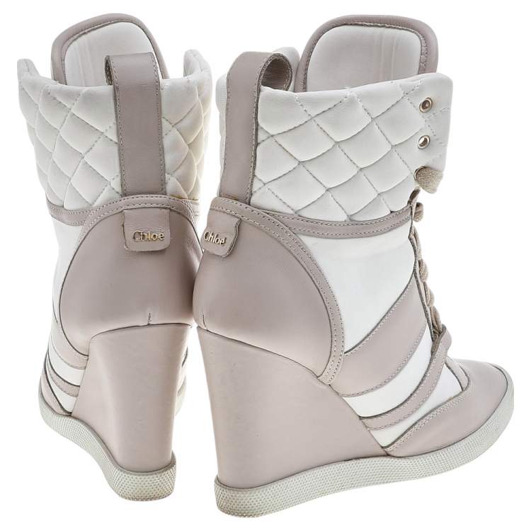 Pre Owned Chloe Light Pink/White Leather And Fabric Quilted High Top Wedge Sneakers Size 37