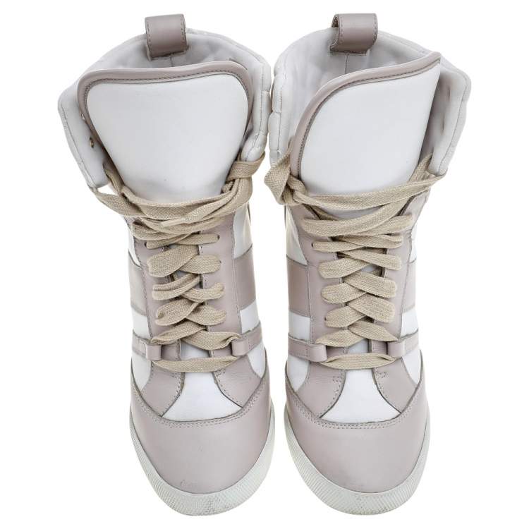 Pre Owned Chloe Light Pink/White Leather And Fabric Quilted High Top Wedge Sneakers Size 37