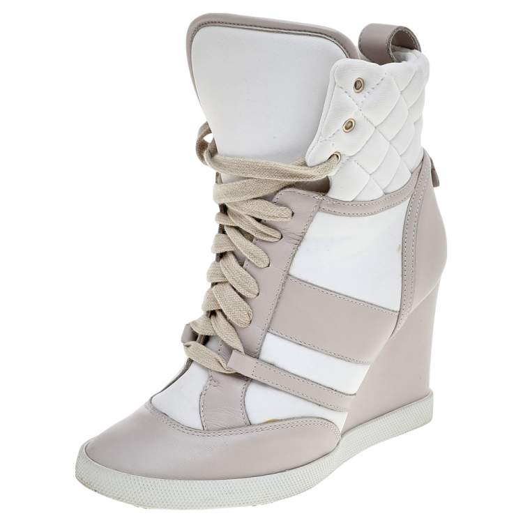Chloe Light Pink/White Leather And Fabric Quilted Top Wedge Sneakers Size 37 Chloe | TLC