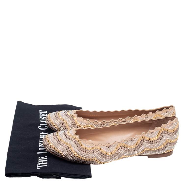 Pre Owned Chloe Beige Leather Studded Ballet Flats Size 37.5