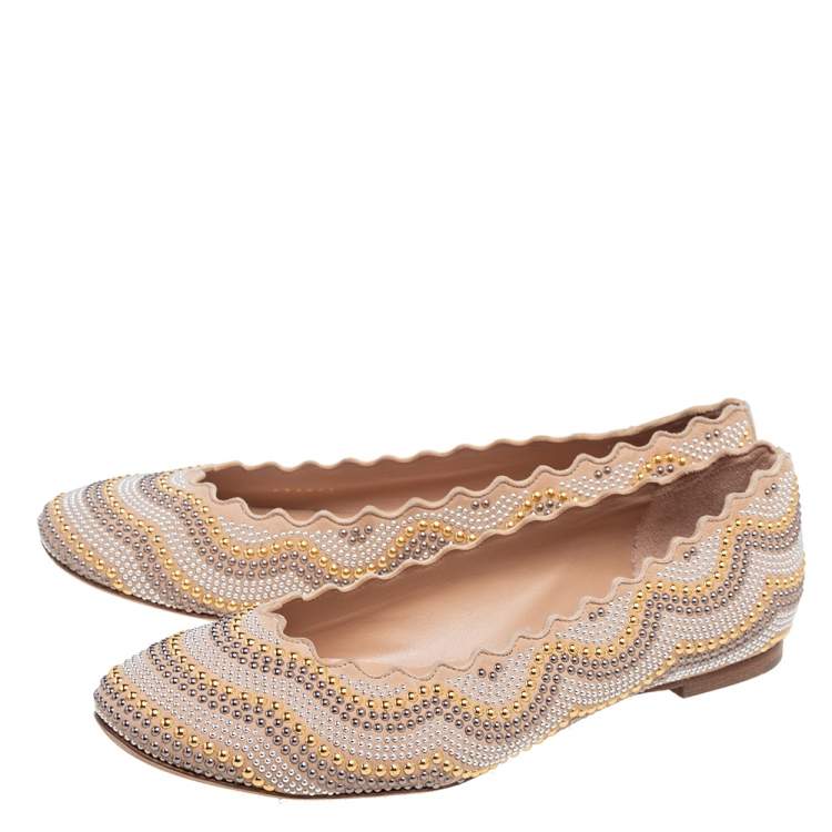 Pre Owned Chloe Beige Leather Studded Ballet Flats Size 37.5