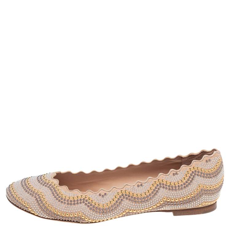 Pre Owned Chloe Beige Leather Studded Ballet Flats Size 37.5