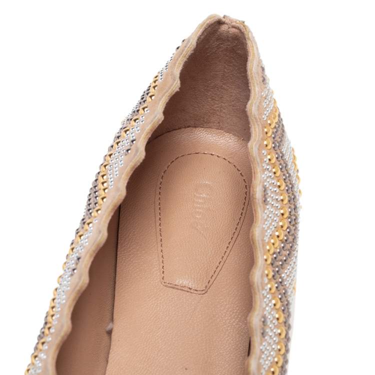 Pre Owned Chloe Beige Leather Studded Ballet Flats Size 37.5