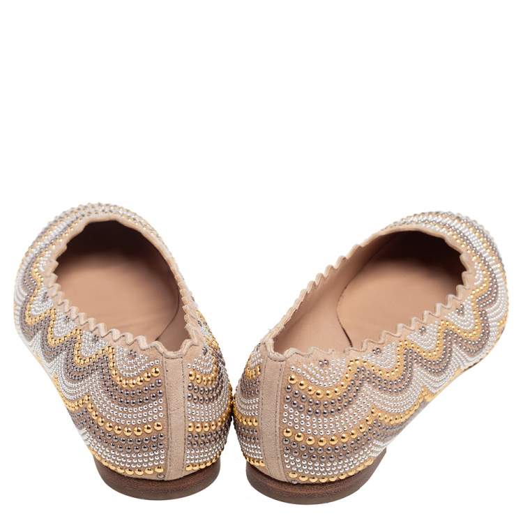 Pre Owned Chloe Beige Leather Studded Ballet Flats Size 37.5