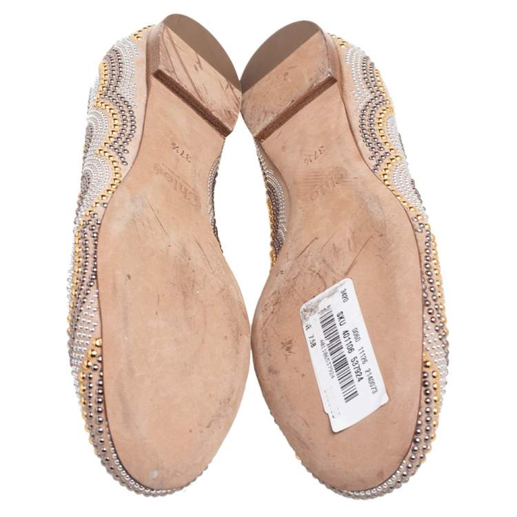Pre Owned Chloe Beige Leather Studded Ballet Flats Size 37.5