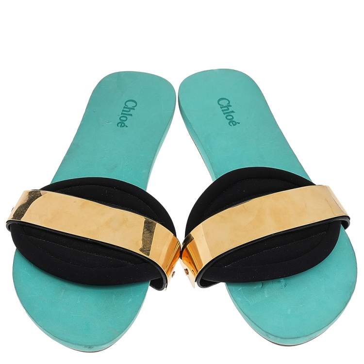 Pre Owned Chloé Black Fabric Metal Band Slide Flat Sandals Size 41