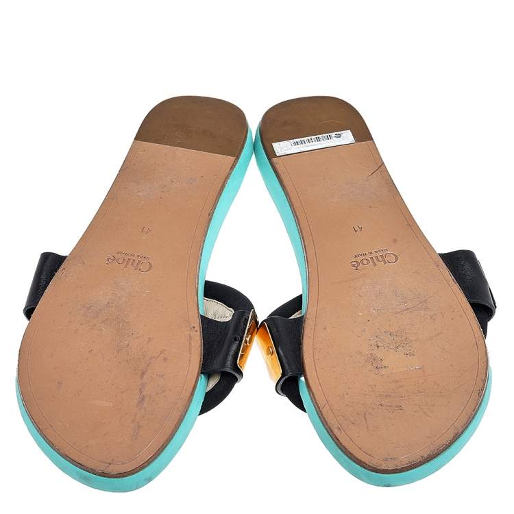 Pre Owned Chloé Black Fabric Metal Band Slide Flat Sandals Size 41