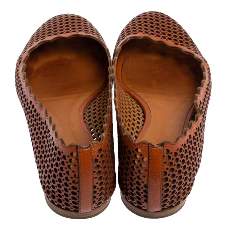 Pre Owned Chloe Brown Perforated Leather Lauren Scalloped Ballet Flats Size 38.5