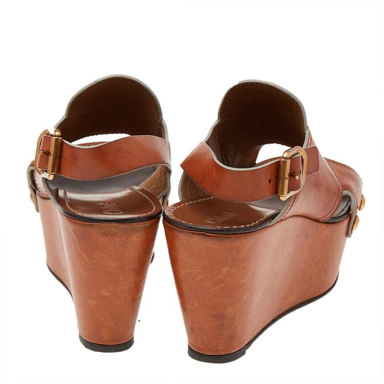 Pre Owned Chloe Tan Leather Criss Cross Platform Wedge Sandals Size 38.5