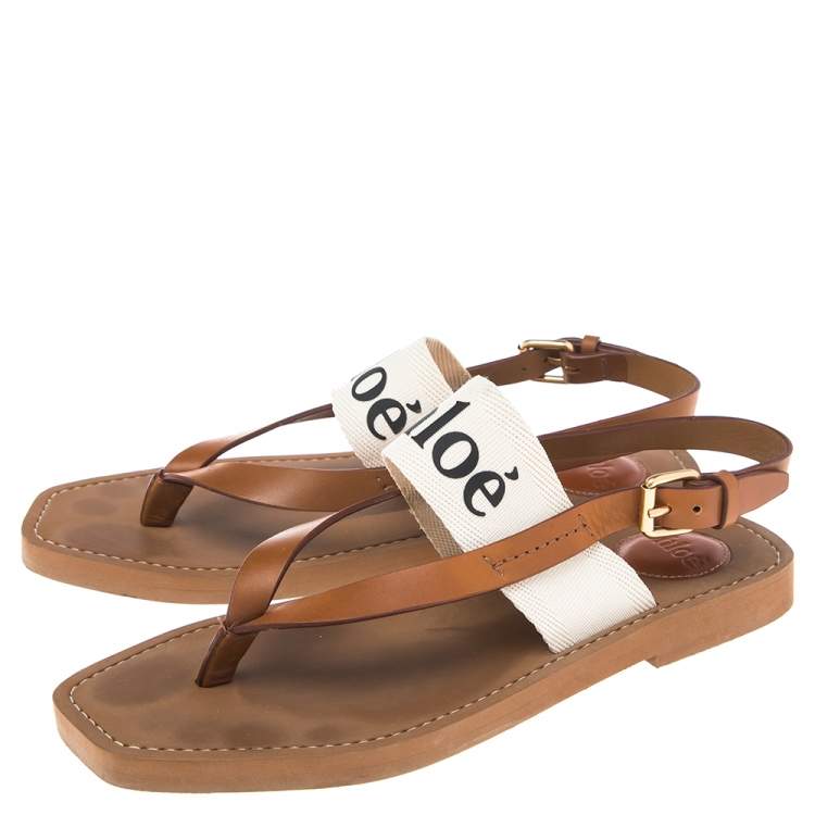 Pre Owned Chloe Logo-Print Canvas And Leather Flat Sandals Size 38