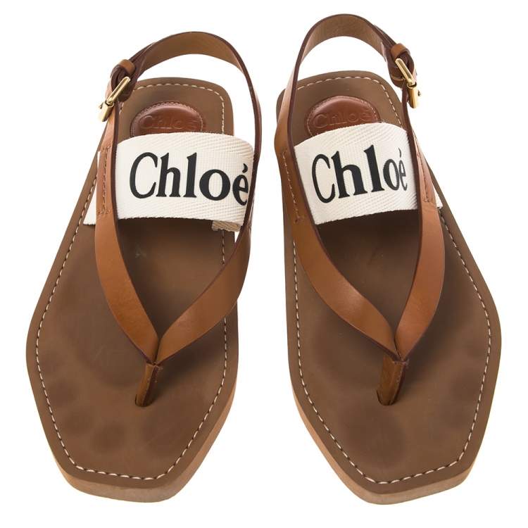 Pre Owned Chloe Logo-Print Canvas And Leather Flat Sandals Size 38