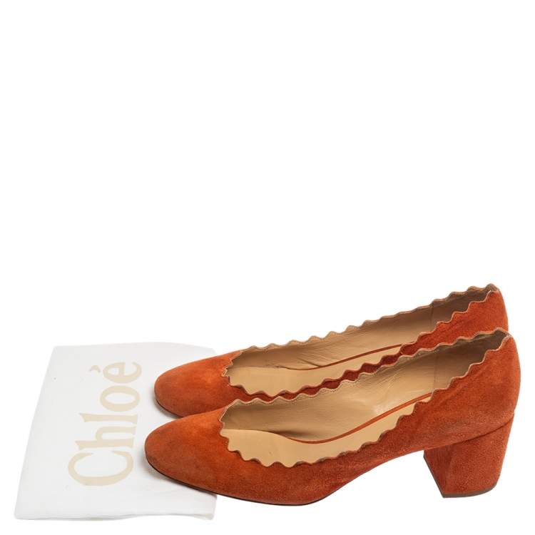 Pre Owned Chloe Orange Suede Lauren Scallop Trim Block Heel Pumps Size 40