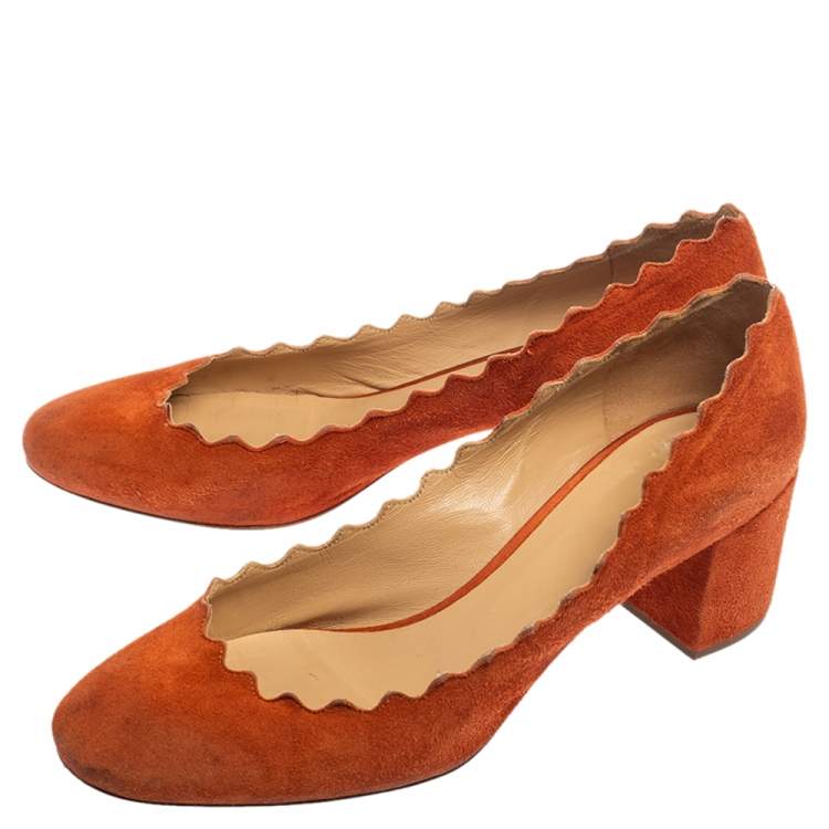 Pre Owned Chloe Orange Suede Lauren Scallop Trim Block Heel Pumps Size 40