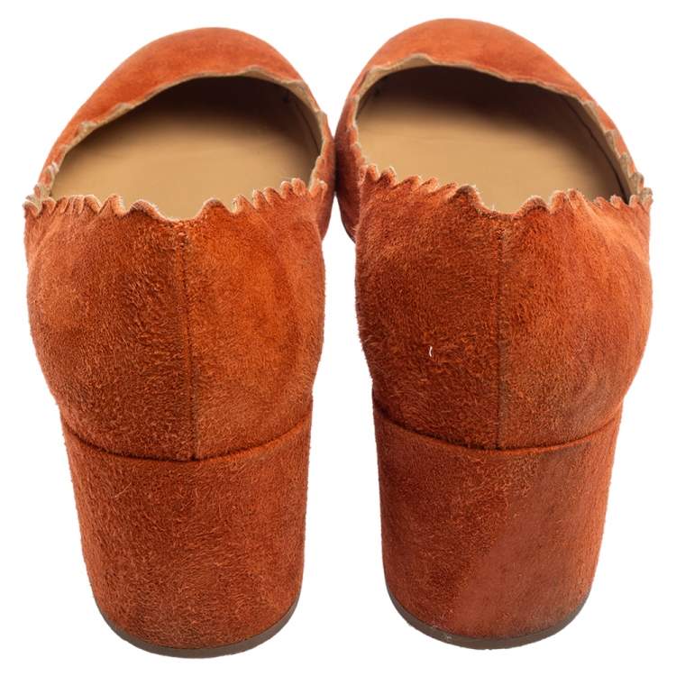 Pre Owned Chloe Orange Suede Lauren Scallop Trim Block Heel Pumps Size 40