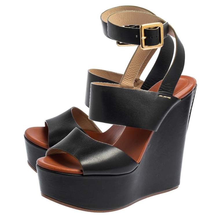 Pre Owned Chloe Black Leather 'Central' Platform Wedge Sandals Size 38.5