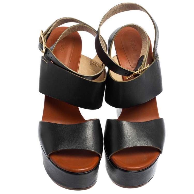 Pre Owned Chloe Black Leather 'Central' Platform Wedge Sandals Size 38.5