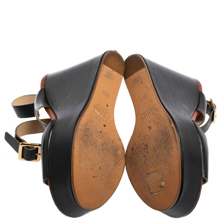 Pre Owned Chloe Black Leather 'Central' Platform Wedge Sandals Size 38.5