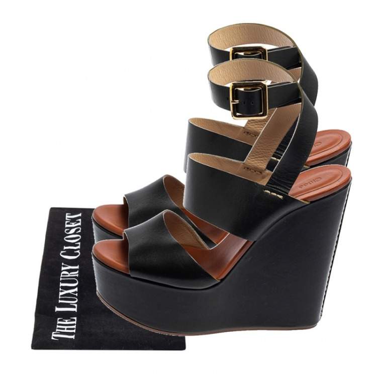 Pre Owned Chloe Black Leather 'Central' Platform Wedge Sandals Size 38.5