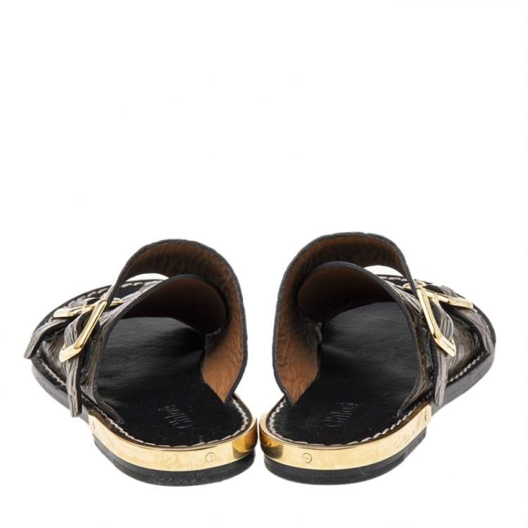 Pre Owned Chloe Olive Green Croc Embossed Leather Flat Sandals Size 36