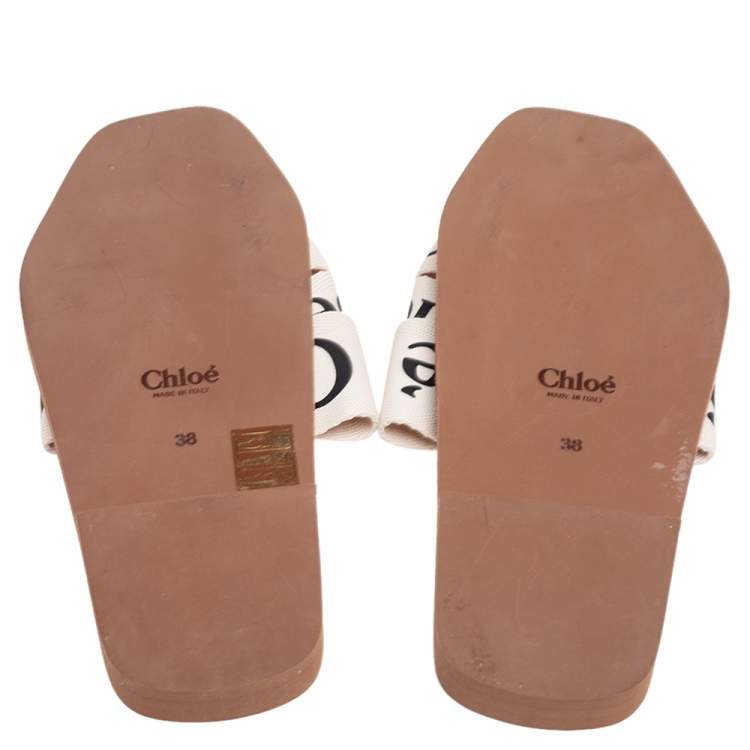 Pre Owned Chloe Off White Canvas Logo Ribbon Woody Flat Slide Sandals Size 38