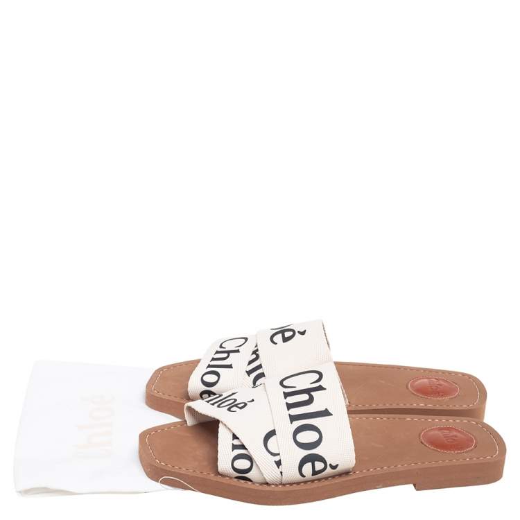 Pre Owned Chloe Off White Canvas Logo Ribbon Woody Flat Slide Sandals Size 38