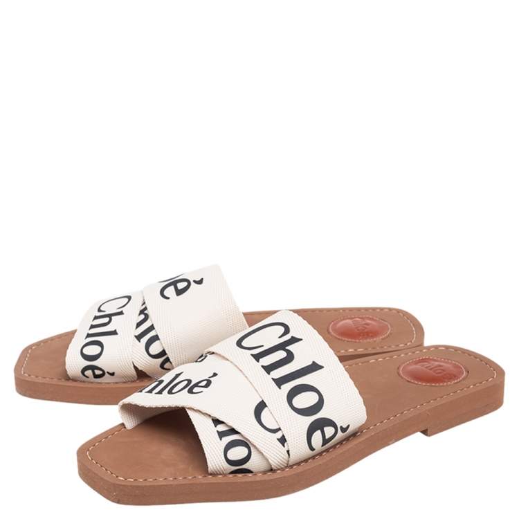 Pre Owned Chloe Off White Canvas Logo Ribbon Woody Flat Slide Sandals Size 38
