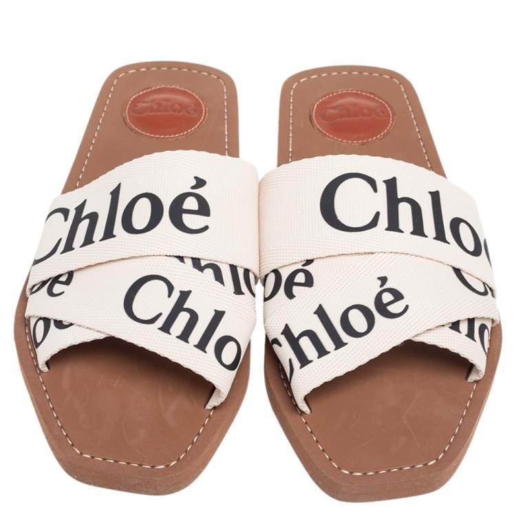 Pre Owned Chloe Off White Canvas Logo Ribbon Woody Flat Slide Sandals Size 38