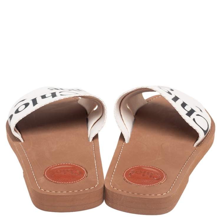 Pre Owned Chloe Off White Canvas Logo Ribbon Woody Flat Slide Sandals Size 38