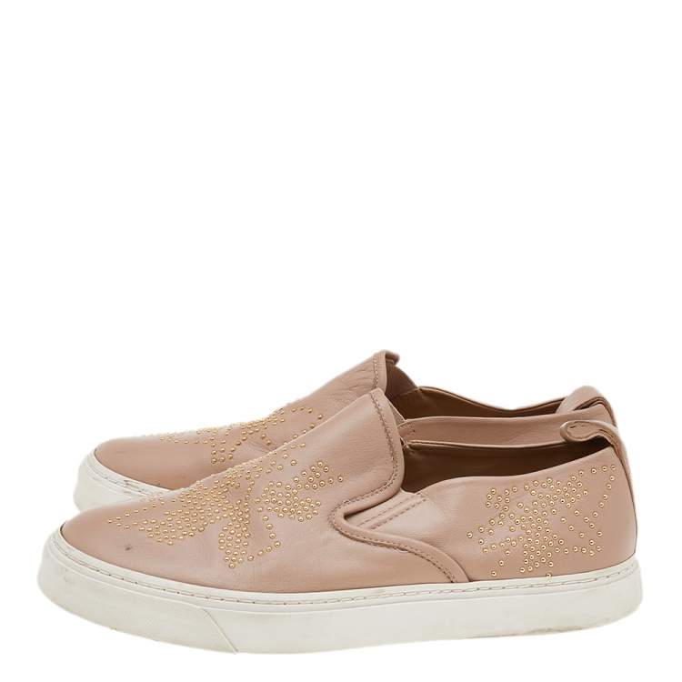 Pre Owned Chloe Beige Leather Embellished Slip On Sneakers Size 39