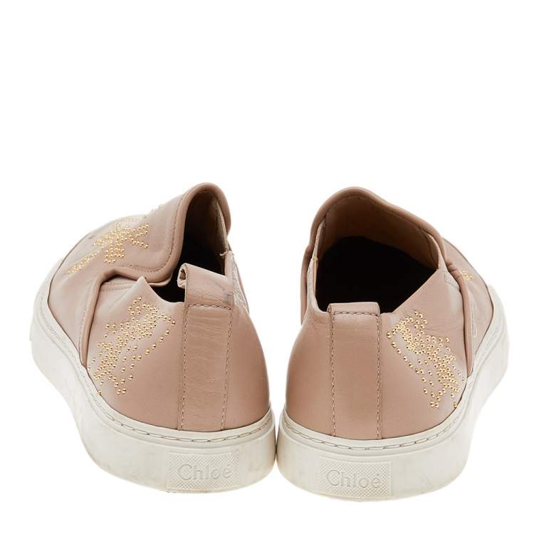 Pre Owned Chloe Beige Leather Embellished Slip On Sneakers Size 39