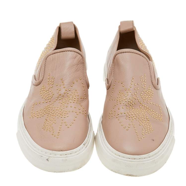 Pre Owned Chloe Beige Leather Embellished Slip On Sneakers Size 39