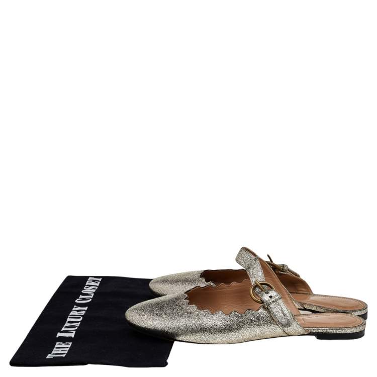 Pre Owned Chloe Gold Foil Leather Lauren Buckle Strap Flat Mules Size 39.5