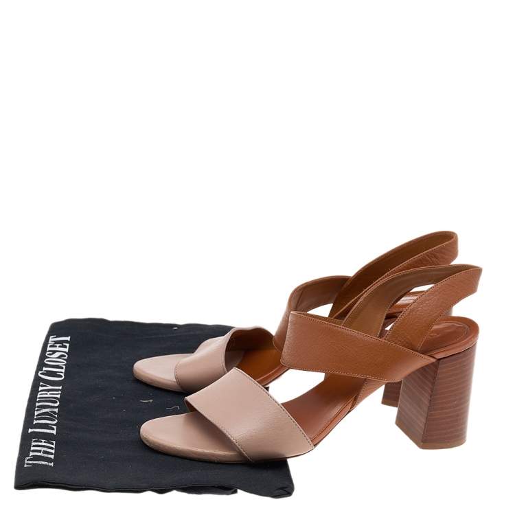 Pre Owned Chloe Brown/Beige leather Open Toe Slingback Sandals Size 37.5