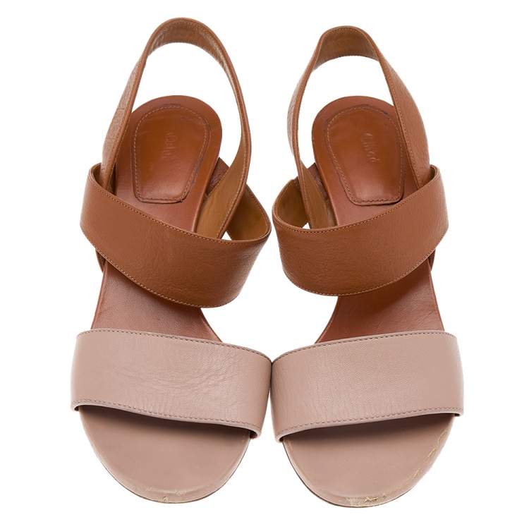Pre Owned Chloe Brown/Beige leather Open Toe Slingback Sandals Size 37.5