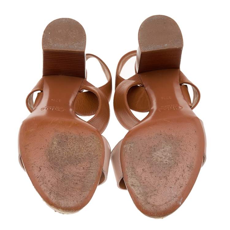 Pre Owned Chloe Brown/Beige leather Open Toe Slingback Sandals Size 37.5