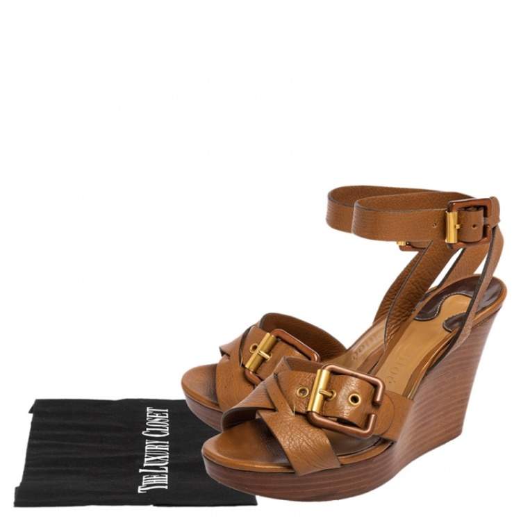 Pre Owned Chloe Brown Leather Crisscross Ankle-Strap Wooden Wedge Sandals Size 36