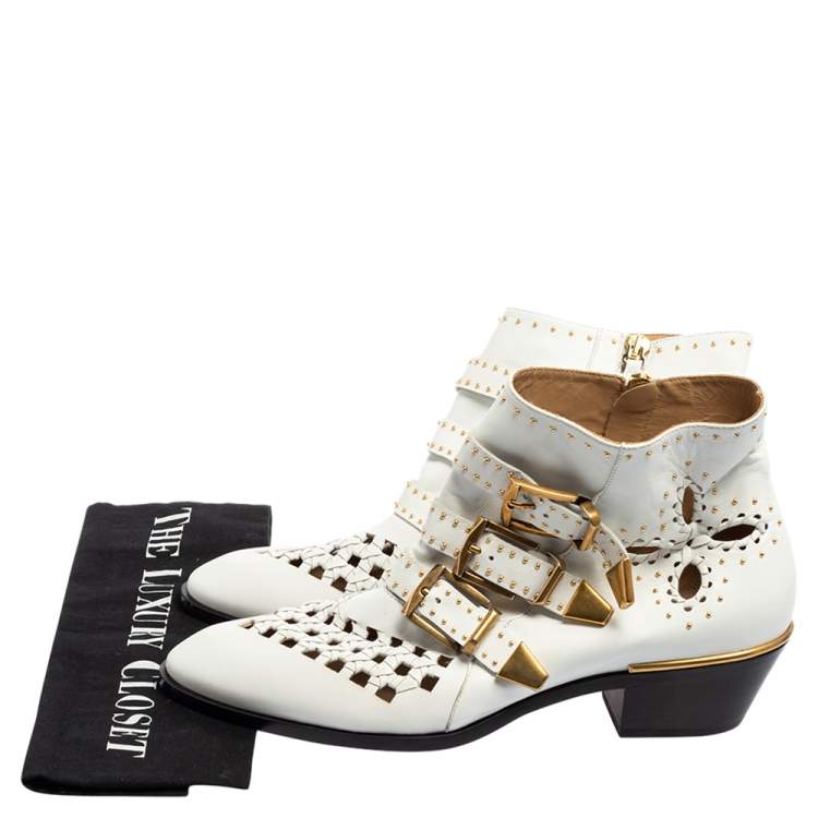 Pre Owned Chloe White Leather Cutout Studded Susanna Boots Size 38.5 