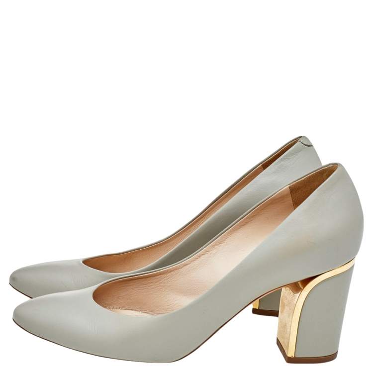 Pre Owned Chloe Grey Leather Beckie Block Heel Pumps Size 37