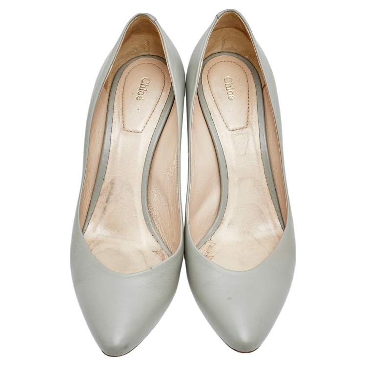 Pre Owned Chloe Grey Leather Beckie Block Heel Pumps Size 37