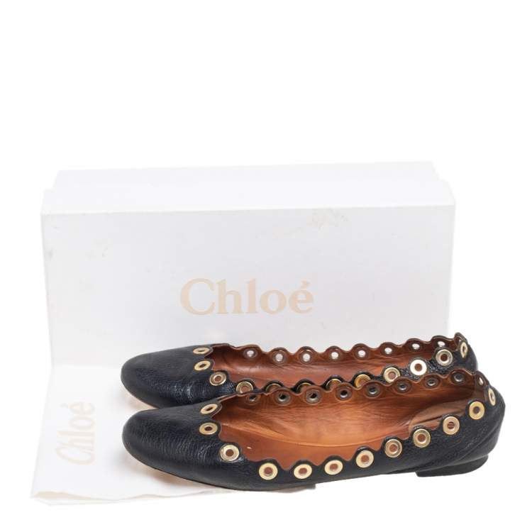Pre Owned Chloe Black Leather Scalloped Grommet Ballet Flats Size 38