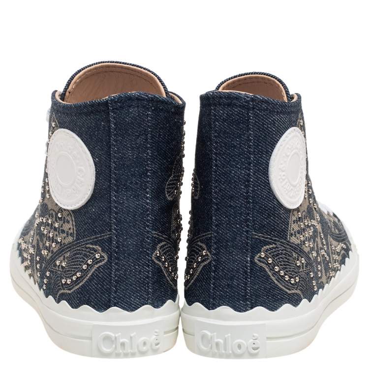 Pre Owned Chloe Blue Canvas Embellished High Top Sneakers Size 38